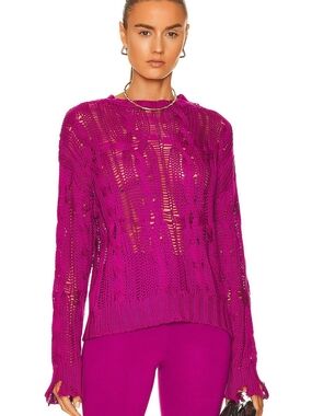 Sablyn Open-Knit Cable Crew Sweater in Magenta